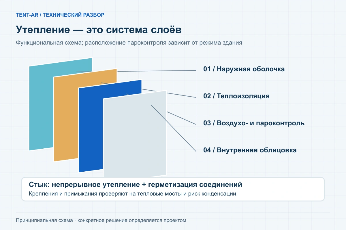 Схема слоёв утеплённой оболочки и герметизации стыка